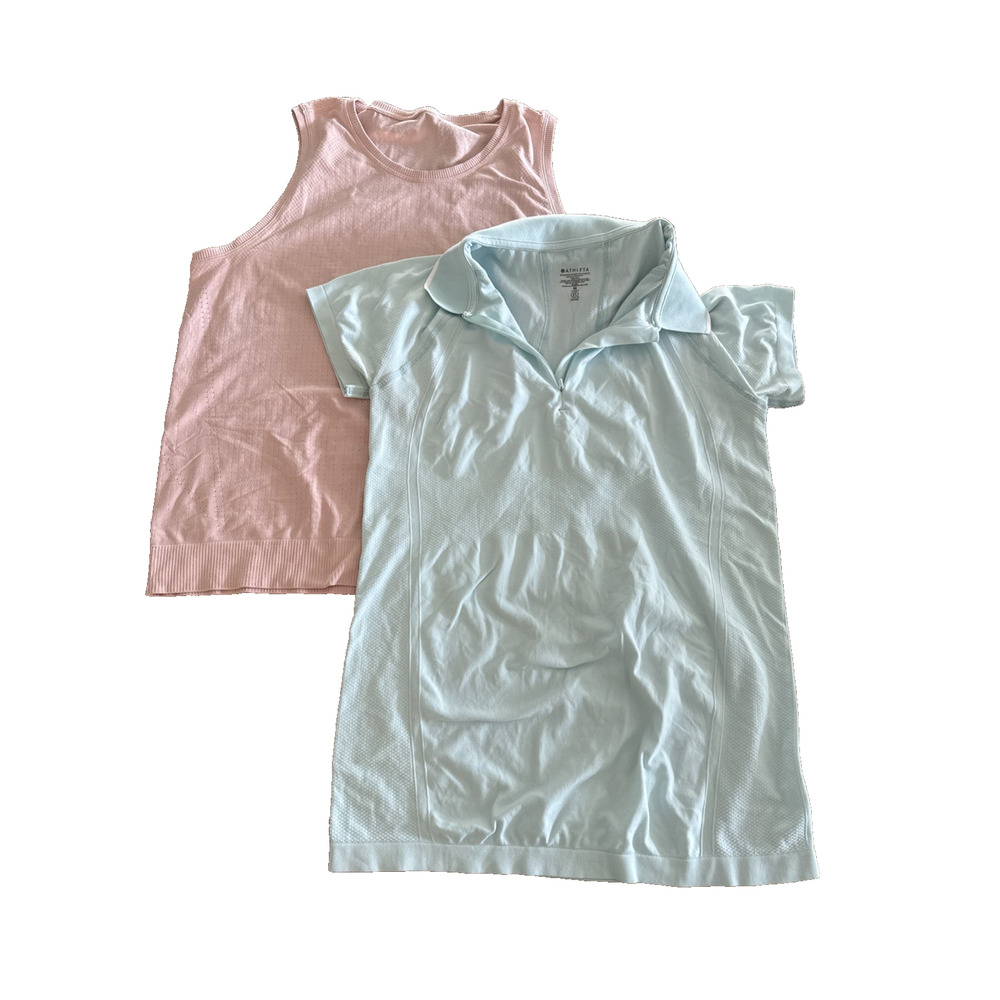 Lot of 2 Athleta Tops Lightweight Activewear Pink & Blue Short Sleeve Stretchy M